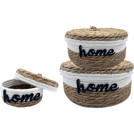 Set 3 cestini rotondi in corda con coperchio impilabili - Misure 16x7 cm, 20x9 cm, 25x10 cm - Cestini portaoggetti decorativi, organizer per camera, b (1/4)