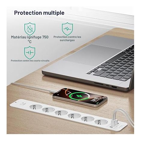 Prise encastrable de Bureau, multiprise escamotable 6 Prises + 4 USB (2 USB-C 20W), câble 2 m, Montage affleurant – Tables, Meubles (1/3)
