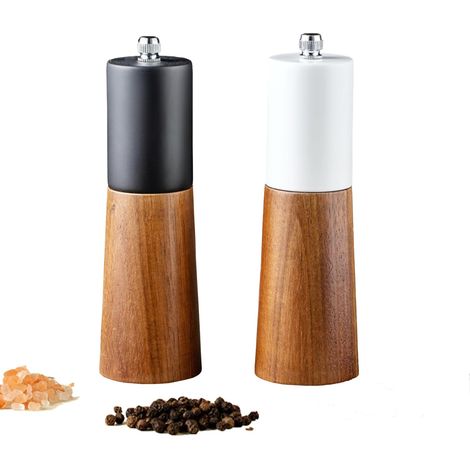 Ensemble de moulins à sel et poivre en bois, fabriqués en bois d'acacia massif avec noyau en acier céramique, réglables pour une grossièreté personnalisée (blanc + noir, 15,2 cm)