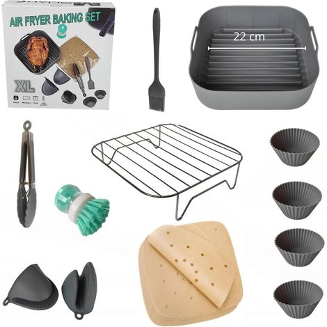 Ustensiles de friteuse à air 8 Accessoires de friteuse à air Comprend un moule pour friteuse à air de 22 cm, du papier, un pinceau, des gants, des pinces, 4 moules à muffins grille pour friteuse à air (1/5)