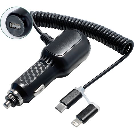 Usbcar caricatore con 1x usb tipo a e usb tipo c / 8 pin cavo di collegamento, per iphone / ipad e telefoni cellulari / tablet (1/4)