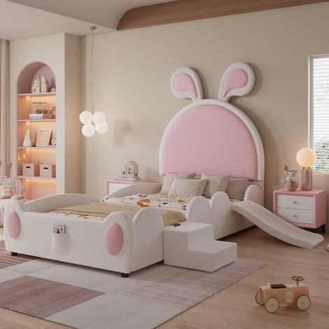 Lit enfant rembourré PU blanc et rose 90x200 cm avec toboggan, escalier et tête de lit oreilles de lapin (1/5)