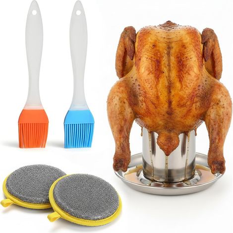 Rôtissoire à Poulet en Acier Inoxydable, Support de Poulet avec 2 Brosses à Huile et 2 Chiffons de Nettoyage, Supports de Cuisson pour Barbecue avec Bac Égouttement, Poulets Accessoires Gril (1/5)