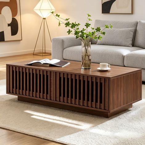 CHICFURN Mesa de centro rectangular con 2 puertas de rejilla, almacenaje y bisagras amortiguadas, acabado en madera oscura, 100 x 50 x 35 cm, para salón moderno (1/5)
