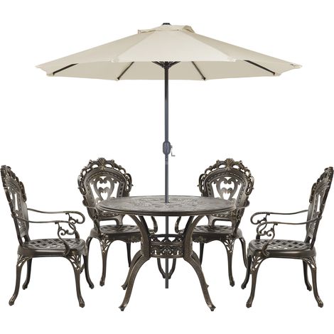 Conjunto de comedor 4 plazas de metal marrón verde beige sillas sombrilla Sapri