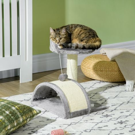 Tiragraffi per gatti 35,5×37×46 cm grigio in poliestere con cuccia e tiragraffi – MEUBLIV (1/5)
