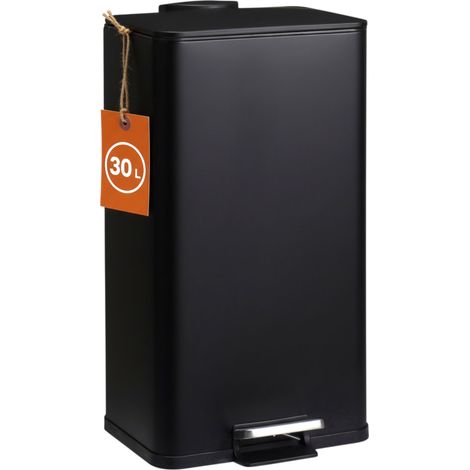 Edelstahl Tretmülleimer eckig schwarz matt 61 x 33 cm mit Deckel - 30 L - Metall Mülleimer mit Fußpedal und entnehmbarem Inneneimer