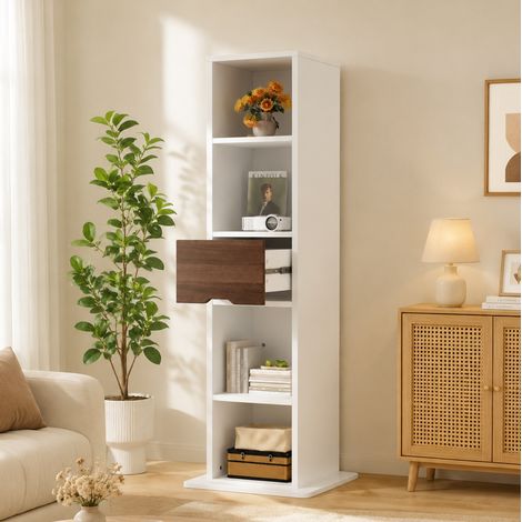 Vitrine à miroir pivotante 45x45x168 cm, étagères ouvertes, tiroir sur glissières et rangement, blanc (1/5)