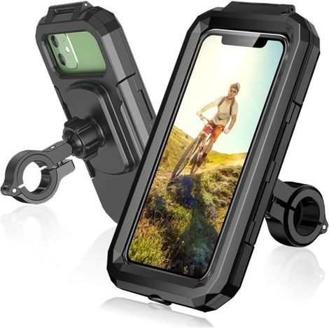 Supporto per cellulare da bicicletta impermeabile, girevole a 360°, antivibrazione e con comandi touch sensibili, per telefoni da 5,5 a 6,8 pollici, nero. (1/4)