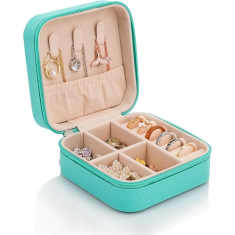 Boîte à bijoux de voyage bleue pour femme, rangement compact pour bagues, boucles d'oreilles, bracelets et colliers, idéale pour les voyages et le quotidien. (1/5)