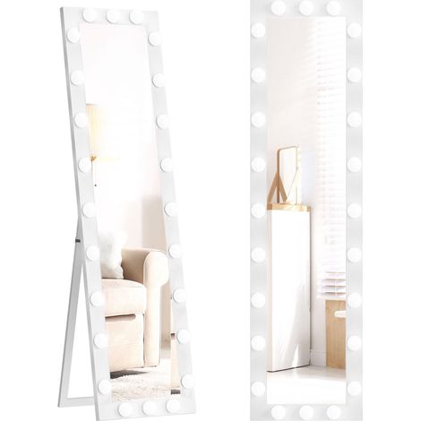 Miroir sur pied 150 x 40 cm, miroir LED avec 24 ampoules, 3 couleurs de lumière, à poser ou à incliner, blanc (1/4)