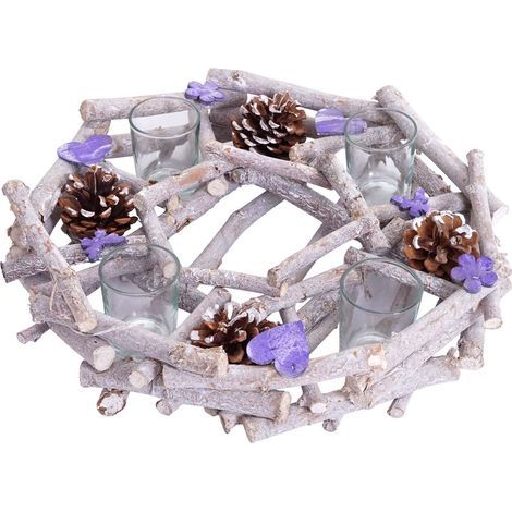 Runder Adventskranz mit Kerzenhaltern, hölzerne Weihnachtsdekoration, Ø 30 cm, lila-grau, 040002561 (1/5)