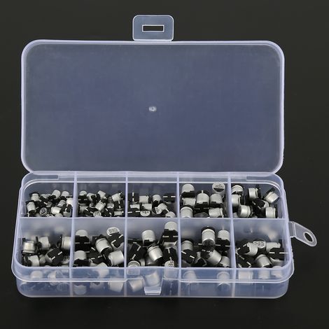 Kit de 200 condensateurs électrolytiques CMS assortis (10 valeurs : 10 V à 50 V, 1 µF à 470 µF) avec boîte de rangement (1/5)