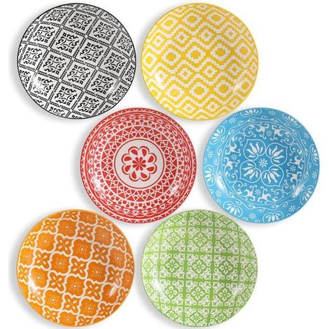 Lot de 6 bols à pâtes en céramique, 650 ml, motifs colorés uniques, idéaux pour salades et plats en sauce (1/5)