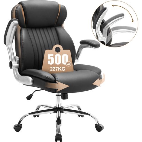 IWMH Chaise de bureau avec accoudoirs rabattables, réglable en hauteur Feuteuil à dossier haut et assise large - Cuir PU - Noir (1/5)