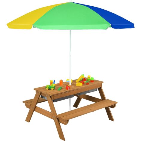 COSTWAY Mesa de Picnic para Niños 3 en 1 con Sombrilla Desmontable y Ajustable en Altura, Mesa de Agua y Arena para Niños con Tabla Desmontable, Mesa de Madera Convertible para Jardín, Patio, Césped (1/5)