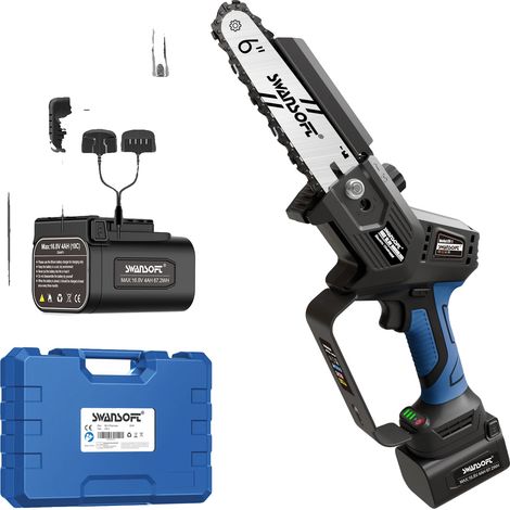 Scie à chaîne électrique mini, moteur sans balais puissant, autonomie de batterie prolongée, Bleu, deux batteries, Type 1 (1/2)