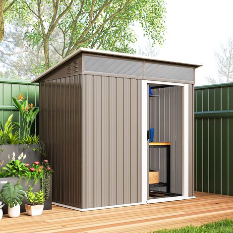Caseta de Jardín Metálica con Puerta Corredera Ventanas y Ventilación para Almacenaje Exterior 195x122x159/182 cm Marrón (1/4)