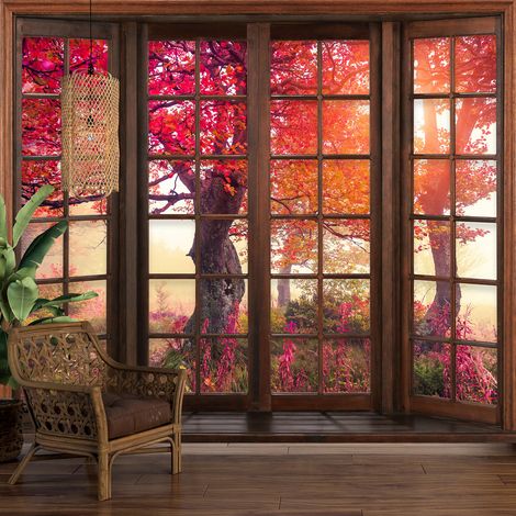 Papier peint panoramique Trompe l'oeil Fenêtre en bois - Arbres feuilles rouges - 130 cm x 104 cm (1/5)
