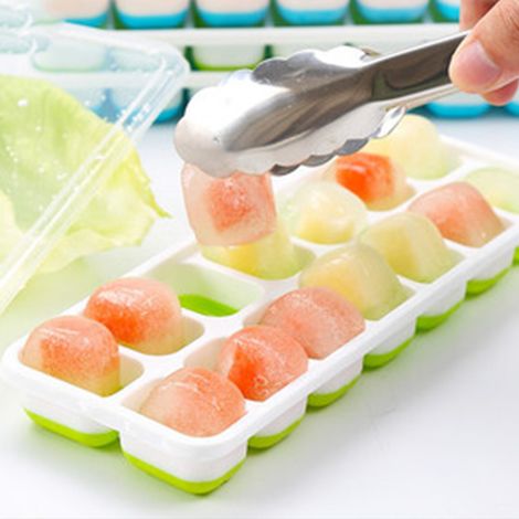 Set aus 3 stapelbaren grünen Eiswürfelformen mit Deckel, hohes Fassungsvermögen, lebensmittelechte Eisform, praktische Schublade + Eisschaufel, ideal für den Gebrauch zu Hause im Sommer. (1/5)