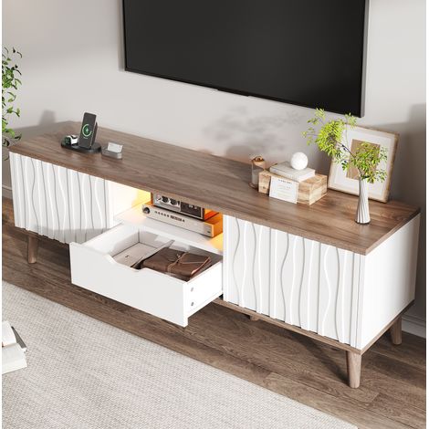 Meuble TV LED avec portes coulissantes, pour TV jusqu'à 70 pouces, en MDF et panneau de particules, blanc et noyer foncé (1/5)
