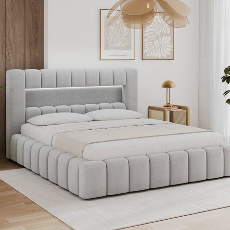 Letto contenitore 140x200 con rete e luci LED incluse, modello Auria, in velluto grigio chiaro (1/5)