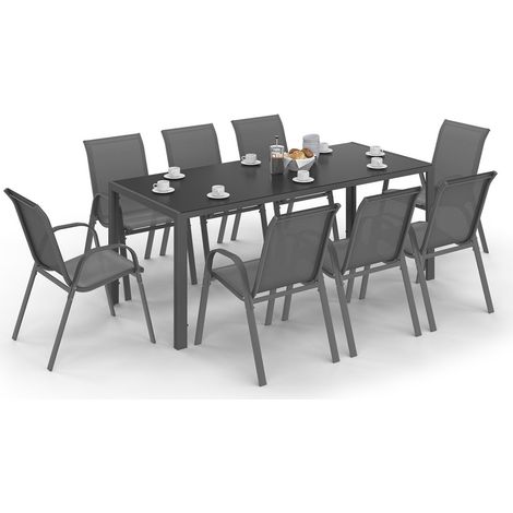 Salon de jardin IDMARKET MADRID - Table 190 CM et 8 chaises empilables - Gris anthracite
