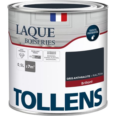 Peinture Laque - Ultra Résistante aux lessivages - TOLLENS - Multisupport boiseries, murs, meubles - Brillant - Gris Anthacite - 0,5L = 7m2
