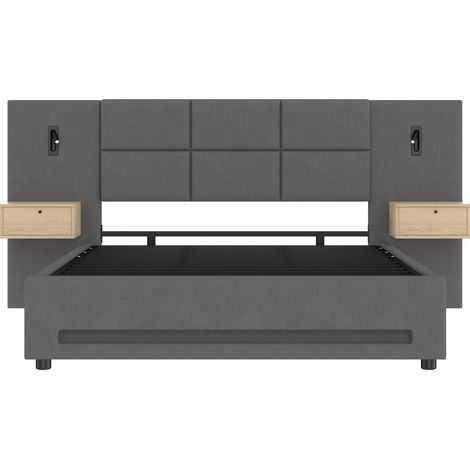 Polsterbett 160x200 cm aus dunkelgrauem Samt mit Kopfteil, LED, USB-C und Stauraum (1/5)