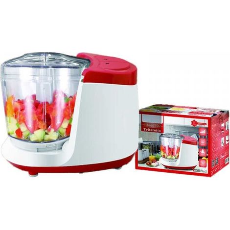 Tritatutto da Cucina Elettrico a Doppia Lame in Acciaio Inox 250W con 2 Velocita Vassoio in Vetro Temperato Capacita 400ml Rosso