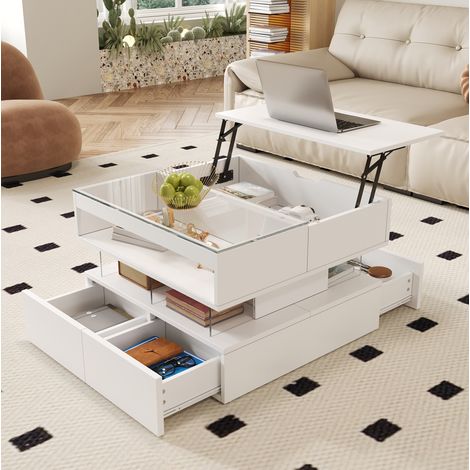 Table basse relevable 70x67x57 cm blanche en panneau de particules avec éclairage LED 16 couleurs et rangements (1/5)