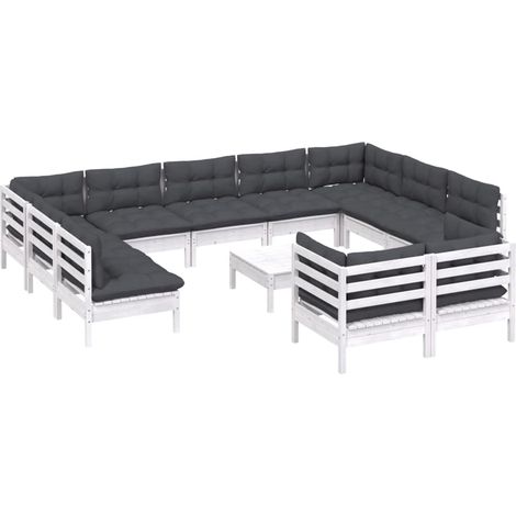 vidaXL Set Divani da Giardino 12 pz con Cuscini Bianchi Legno di Pino (1/4)