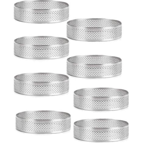 Set mit 8 Edelstahl-Tarteletteringen, hitzebeständigen, perforierten Mousseringen, runden Kuchenformen, Backutensilien (1/5)