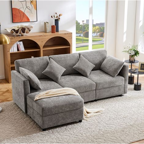 Divano dritto letto da 3-4 posti, in tessuto felpa (chenille), con pouf, 4 cuscini e braccioli regolabili, 218x156,5x86 cm (1/5)