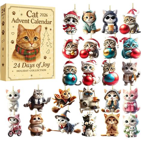Katzen – 24 Acryl-Ornamente mit Kätzchen Countdown bis Weihnachten: Niedliche Katzenmotive – flache 2D-Hängedekorationen – robustes und leichtes Acryl – wiederverwendbare Aufbewahrungsbox – für einen (1/5)