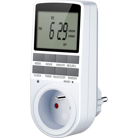 Prise programmable numérique – Minuterie avec grand écran LCD – 10 programmes journaliers – Mode aléatoire antivol – Puissance 3680W