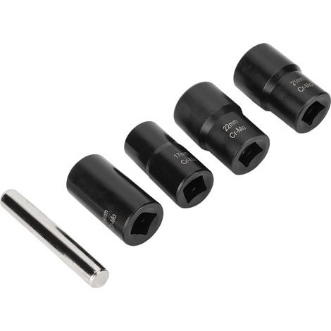 Jeu de 5 douilles extractrices de goujons et écrous de roue, clés à chocs 17mm 19mm 21mm 22mm, démonte-vis de sécurité, outillage auto. (1/5)