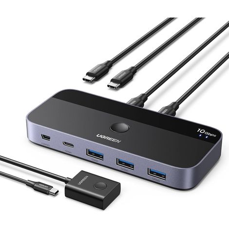 Switch USB C 3.2 10Gbps Commutateur KVM Ports pour 2 PC Entrées 4 Sorties pour Clavier Souris Disque Dur Imprimante avec Contrôleur du Bureau et Câbles Inclus Plug Play (1/5)