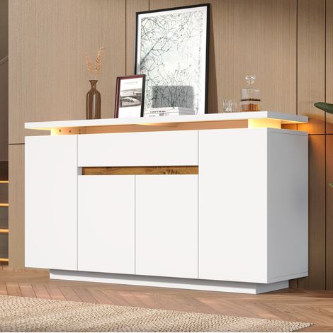 Buffet 140x40x80 cm avec éclairage LED, 1 tiroir et 4 portes, blanc, convient pour le salon et la cuisine. (1/5)