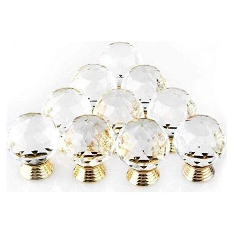 Juego de 10 pomos de puerta de cristal dorado con forma, 30 mm de diámetro, pomos redondos de cristal para armarios, pomos decorativos para muebles y cajones.