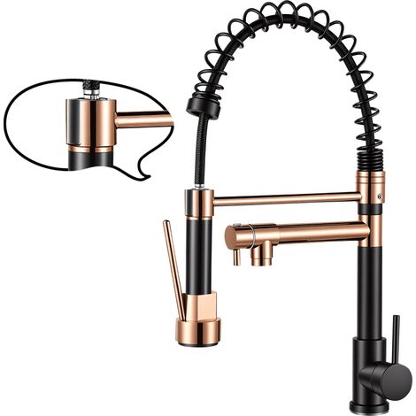 Robinet Évier Cuisine Noir & Or Rose - Douchette Extractible 2 Jets - Bec Pivotant 360° - Design Moderne & Durable (1/5)