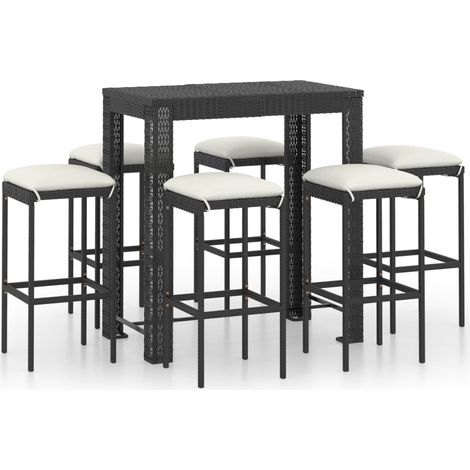 Set de 1 Table et 6 Tabourets de bar de jardin, Ensemble Table et Chaises et coussins Résine tressée Noir OIB3558E (1/5)