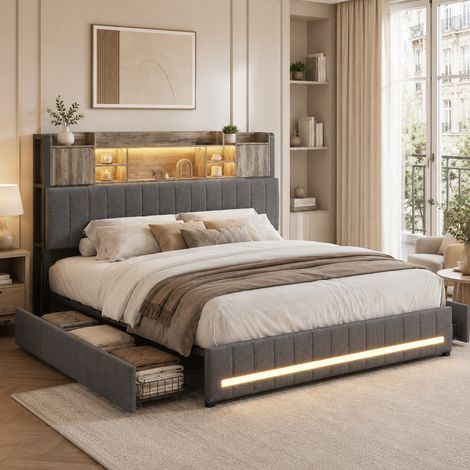 Lit Double 140x190 cm avec 4 tiroirs, Lit adulte tête de lit avec rangement LED et USB, Cadre de Lit avec Sommier Inclus, Lin Gris (1/5)