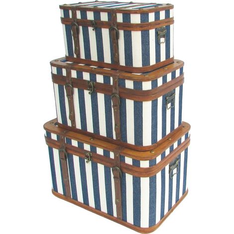 Baúles de madera a rayas azul marino 53 cm, juego de 3 piezas (1/3)