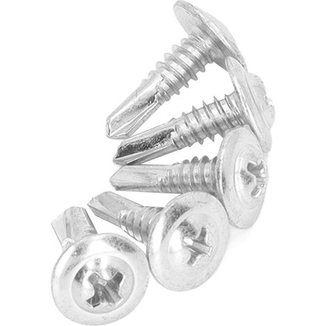 Vis à métaux M4,8x16 mm, 250 pièces, acier carbone zingué blanc, tête plate à rondelle, autoforeuse pour tôles et profils acier. (1/5)