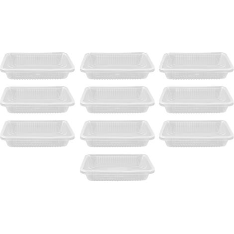 10 Stück rechteckige, transparente, mikrowellengeeignete 500-ml-Lebensmittelschalen mit Einwegdeckeln (1/5)