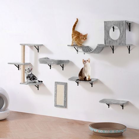VEVOR Mensole da Parete per Gatti Set 6, Posatoi Montati a Parete per Gatti con Trampolini, Amaca, Divano, Albero per Gatti, Set di Mobili da Parete per Gatti Fino a 18,14 kg per Dormire, Arrampicarsi