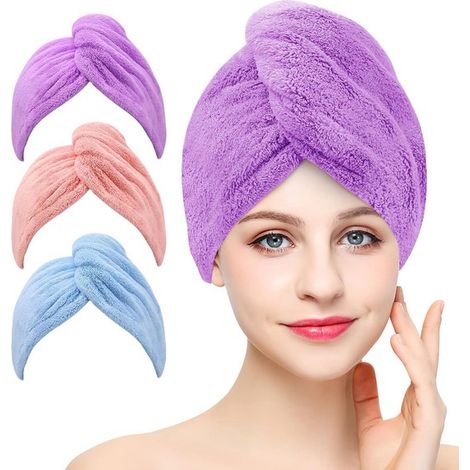 3-teiliges Set aus Mikrofaser-Haartrockenhandtuch und Haarband in Lila, Rosa und Blau (1/5)