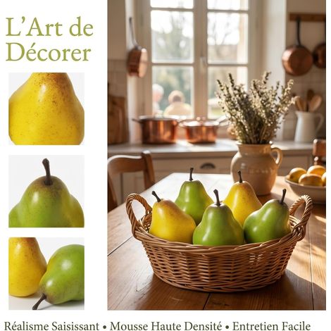 Lot de 6 Fausses Poires Décoratives (3 Jaunes, 3 Vertes), Fruits Artificiels Réalistes en Mousse, Faux Fruit Trompe-l'œil pour Décoration Cuisine, Centre de Table, Corbeille et Photographie (1/5)
