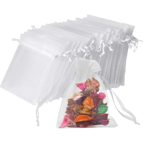 Lot De 100 Blanc Sachets En Organza,10 12 Cm,Pochette Cadeau En Organza Avec Cordon De Serrage En Satin,Pochette Cadeau,Sachets De Mariage,Faveur De Mariage